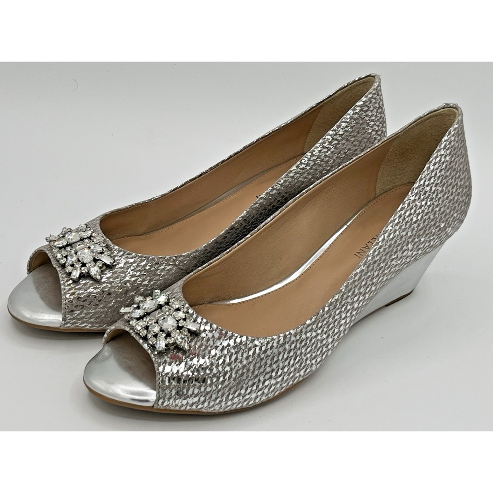 Antonio Melani Essie Wedge Women 10 Silver Crystal Peep Toe Snakeskin Glam Luxe